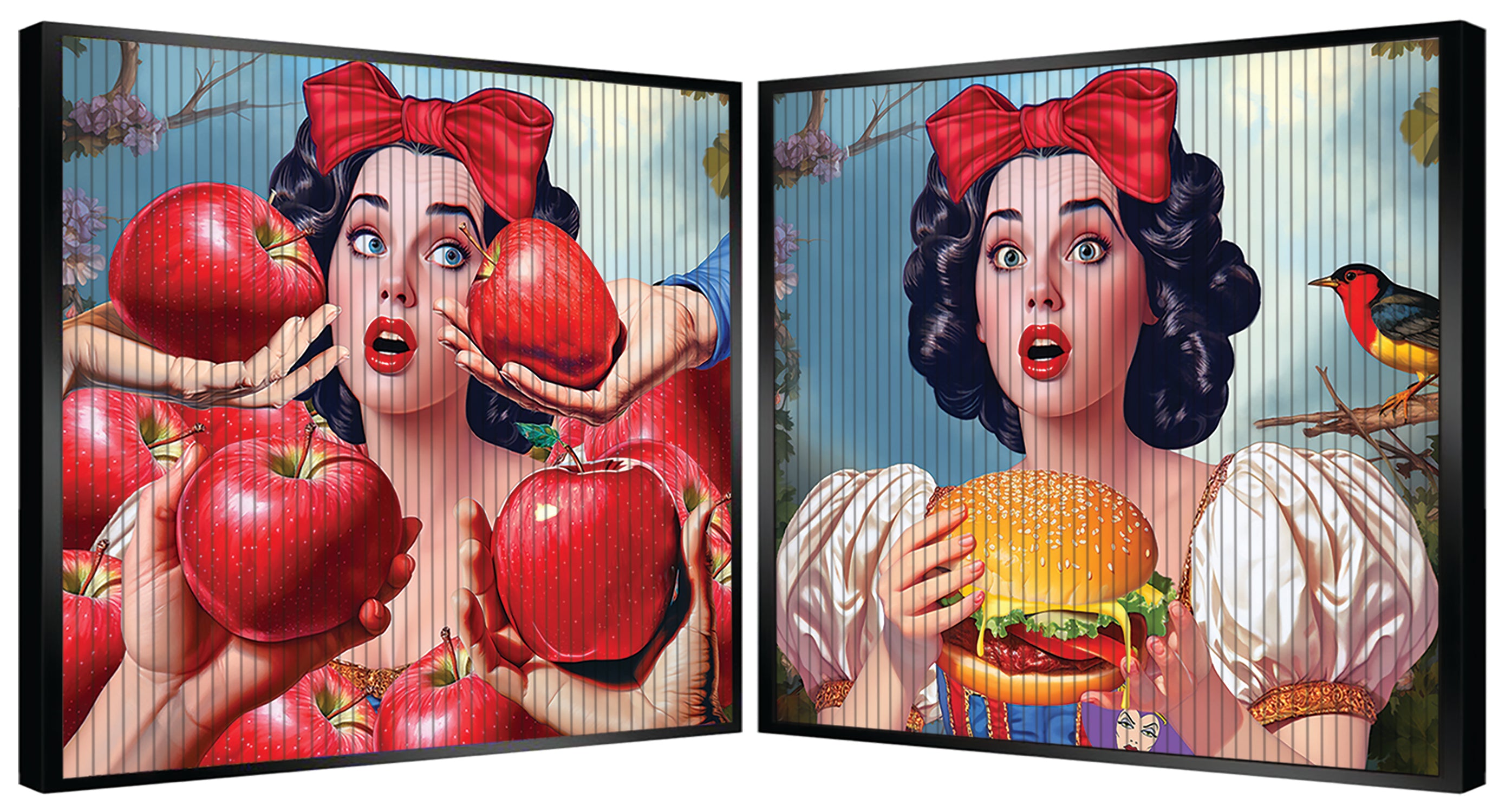 Hand-painted Handecular artwork by Hande Ugur showing Snow White transforming from apples to a hamburger as the viewing angle changes, 40x40 cm contemporary pop art.