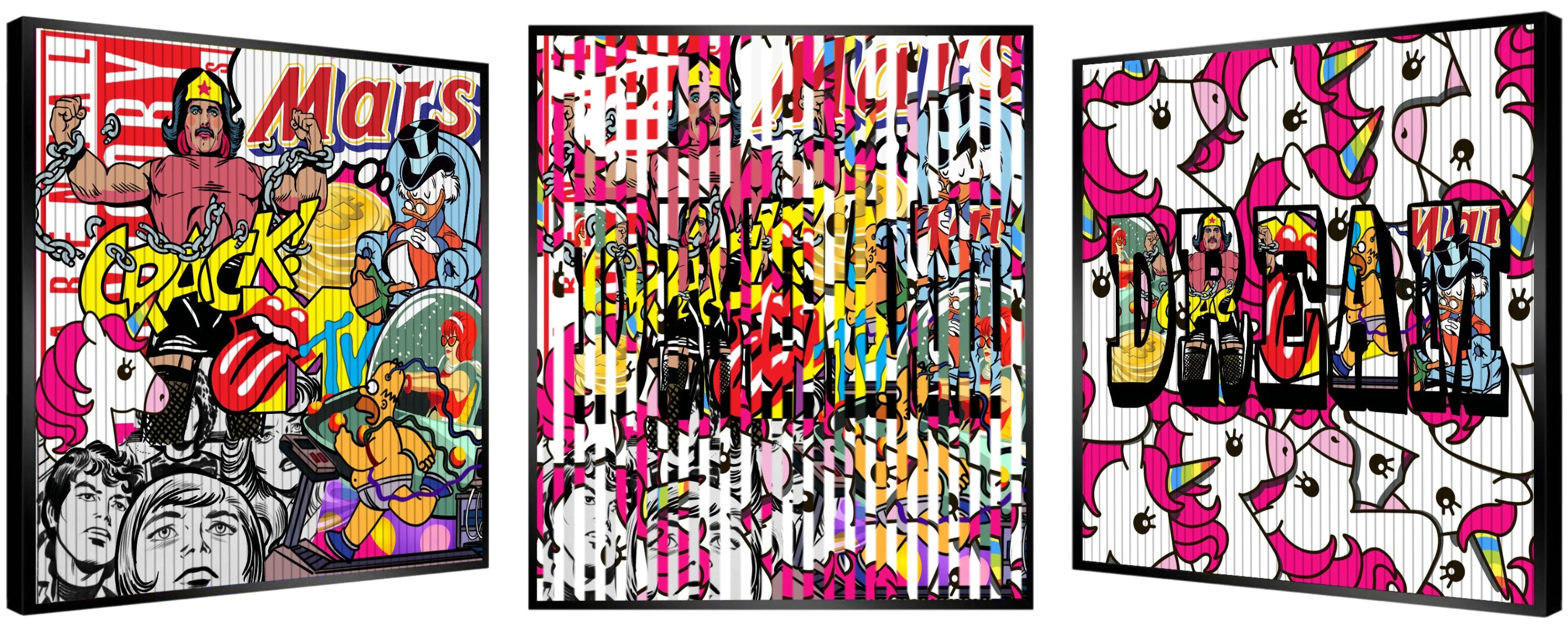 Colorful pop art collage with comic characters, unicorns, chains, and bold text "DREAM" on panels