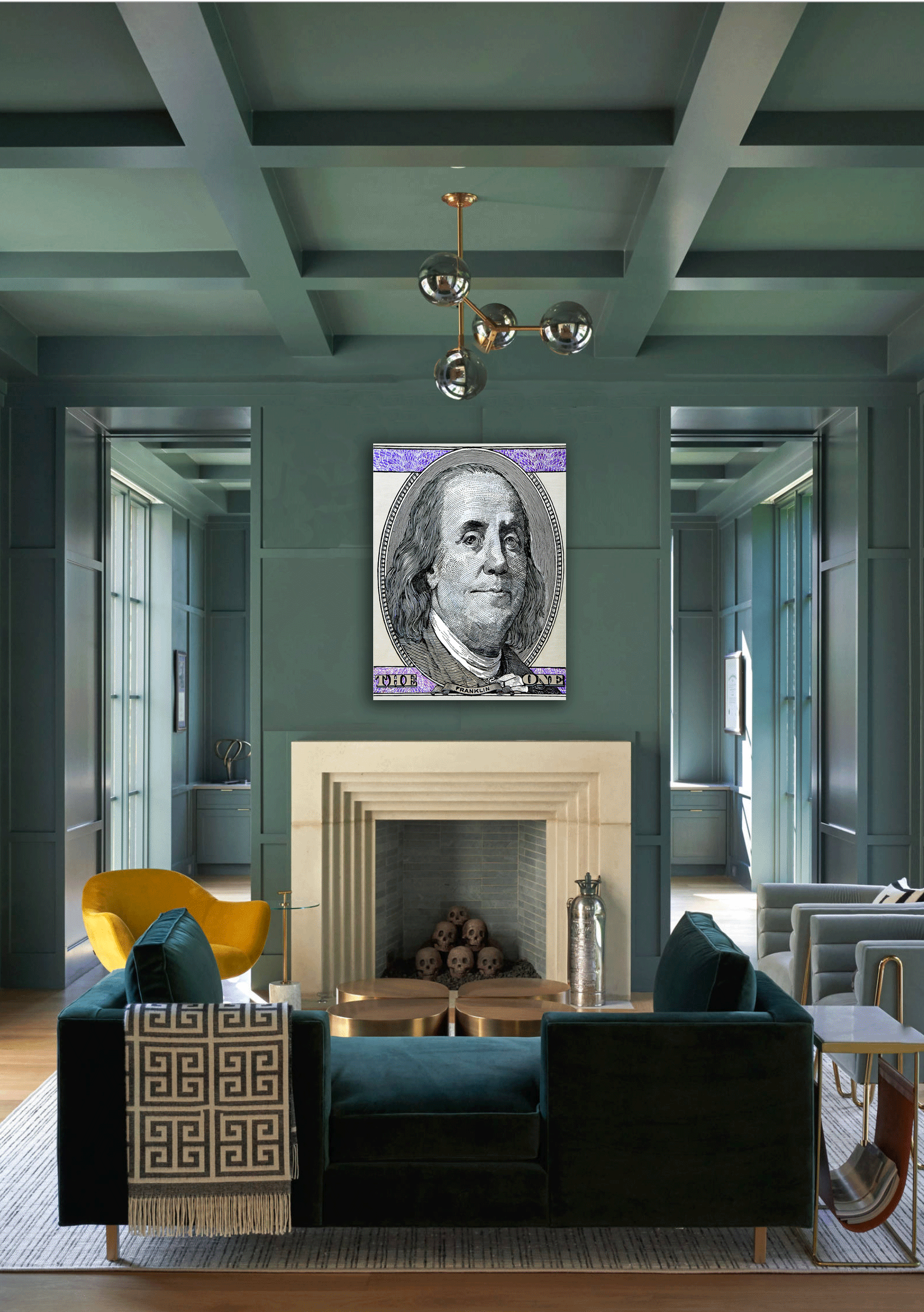 Modern living room with teal walls, velvet sofa, yellow armchair, unique fireplace with skulls, and large Benjamin Franklin artwork