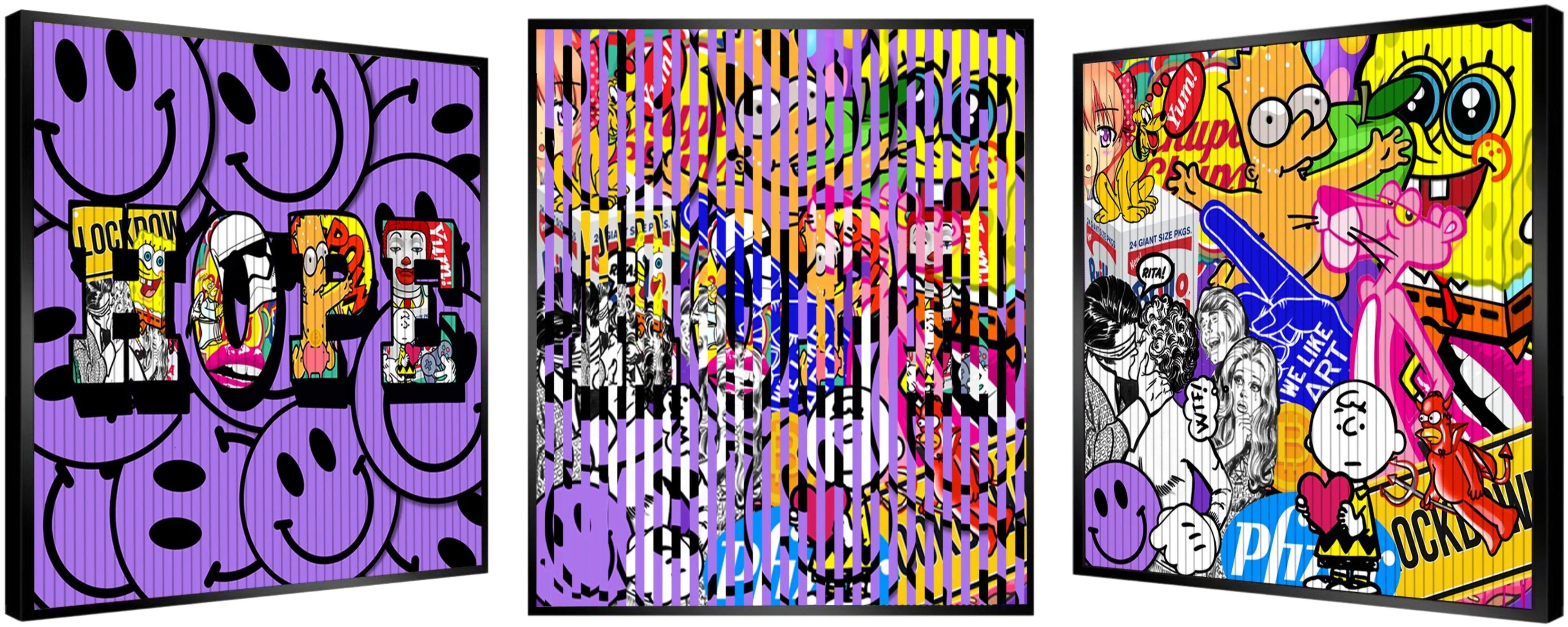 Colorful pop art triptych with smiley faces, cartoon characters, and bold text on purple background