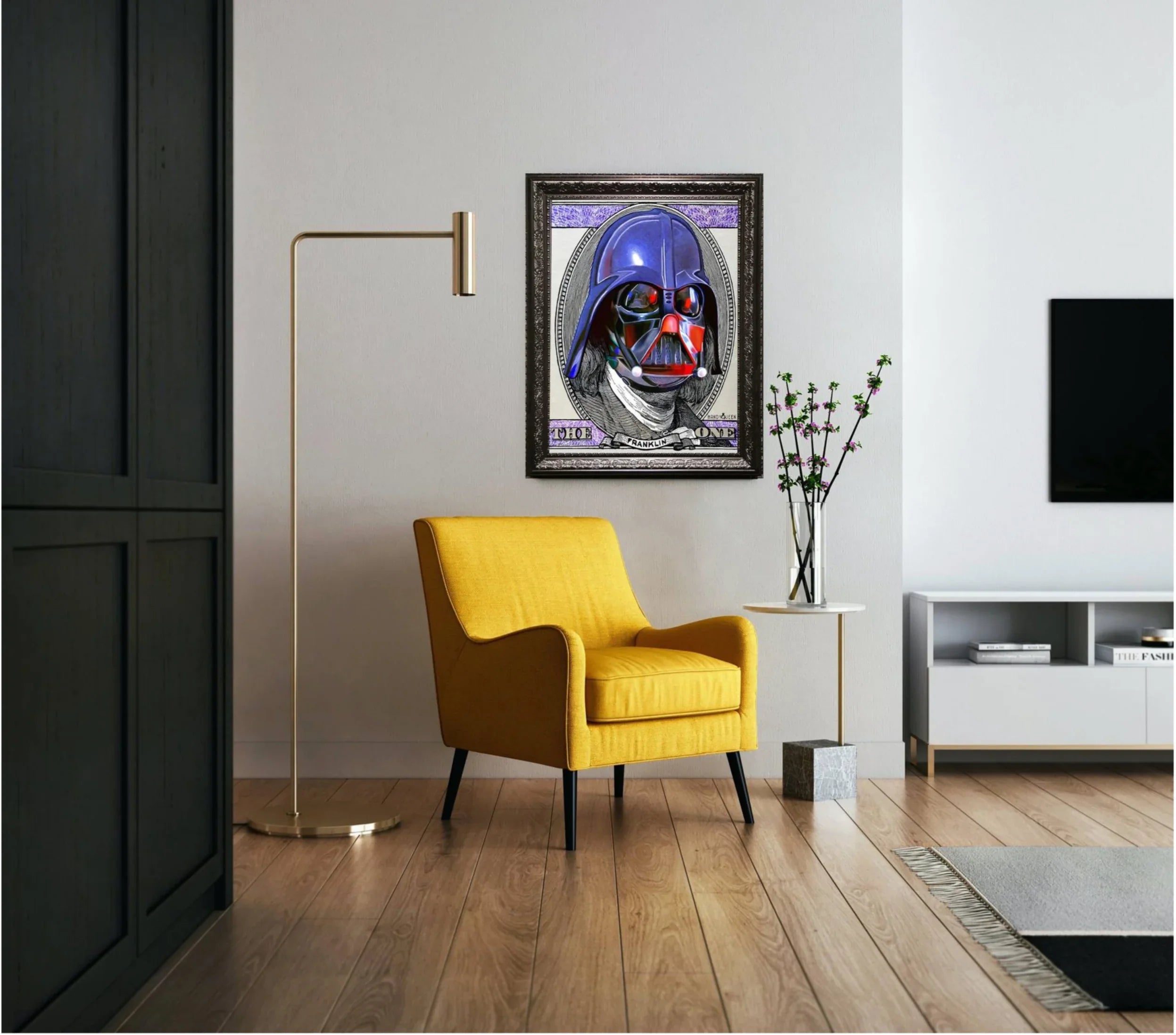 Modern living room with yellow armchair, gold floor lamp, small side table with vase, and framed Star Wars Darth Vader wall art