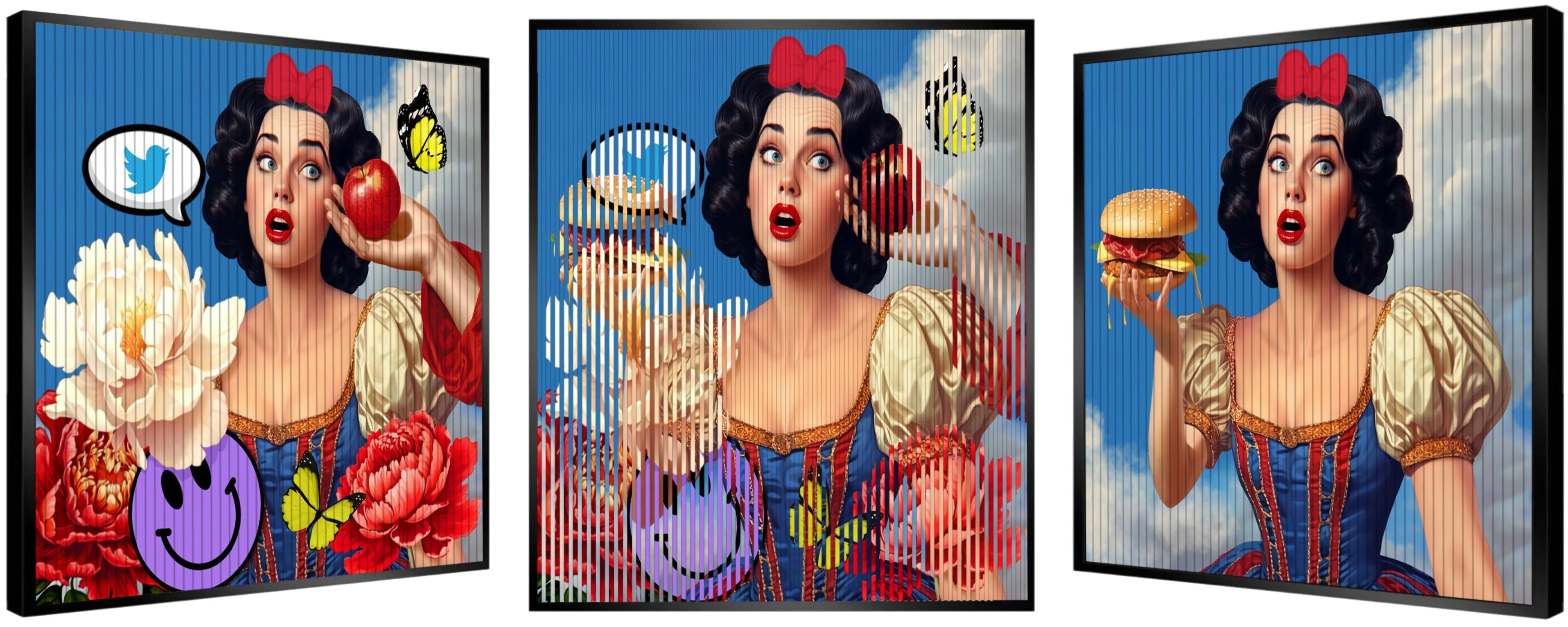 Three-panel artwork of Snow White in blue sky, holding apple and hamburger, with butterflies and flowers