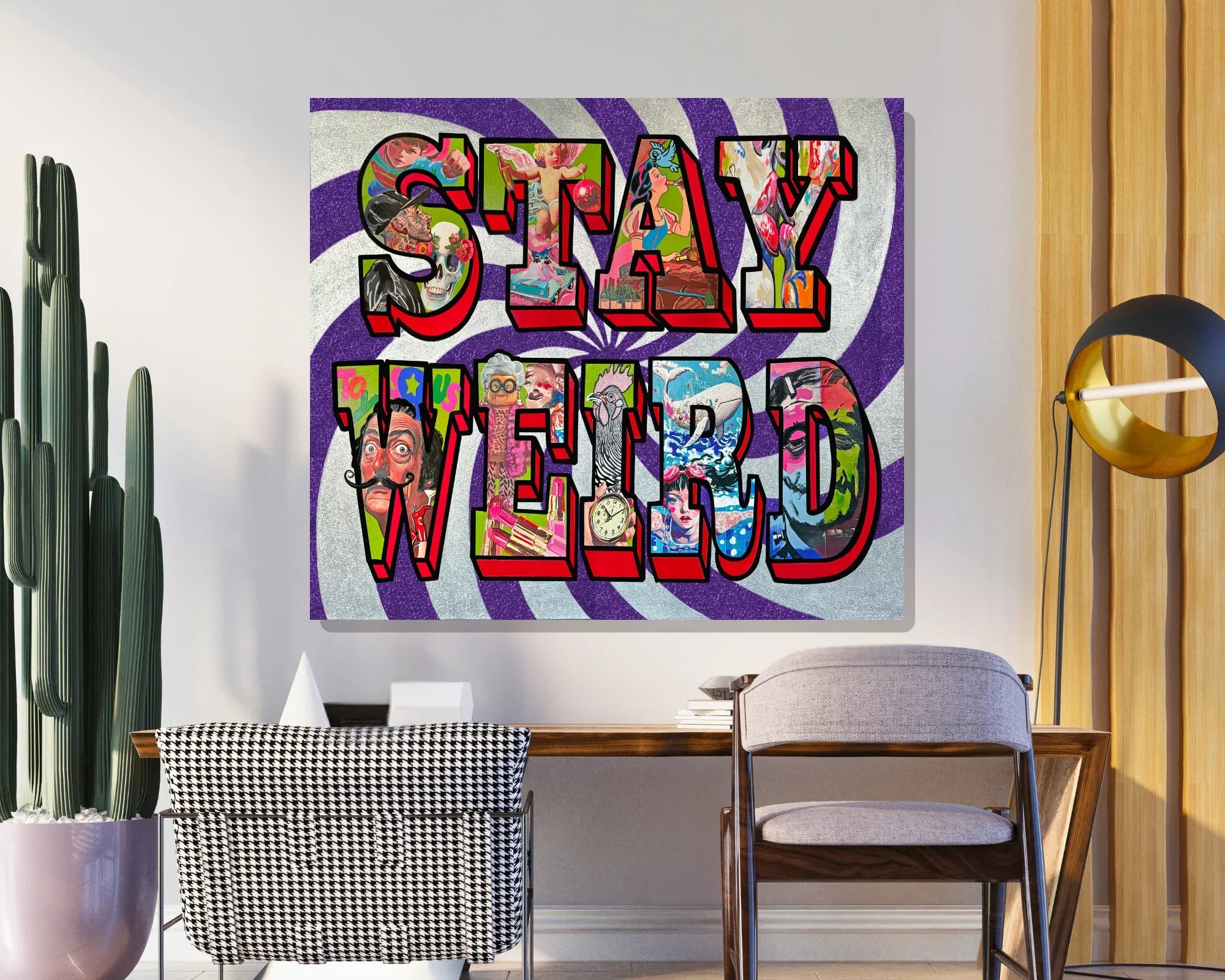 Colorful pop art canvas with 'STAY WEIRD' text filled with eclectic collage, displayed in modern room