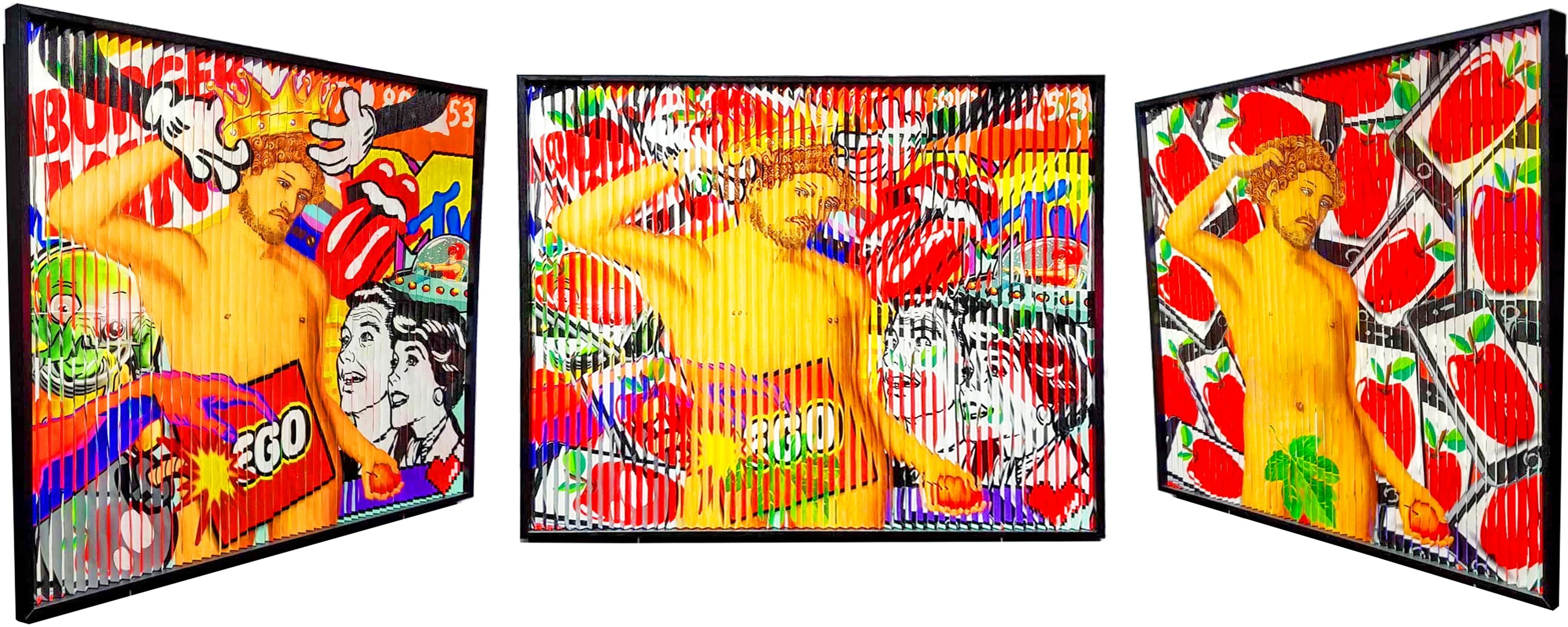 Lenticular artwork featuring a crowned classical statue amid colorful pop art icons, apples, and retro images