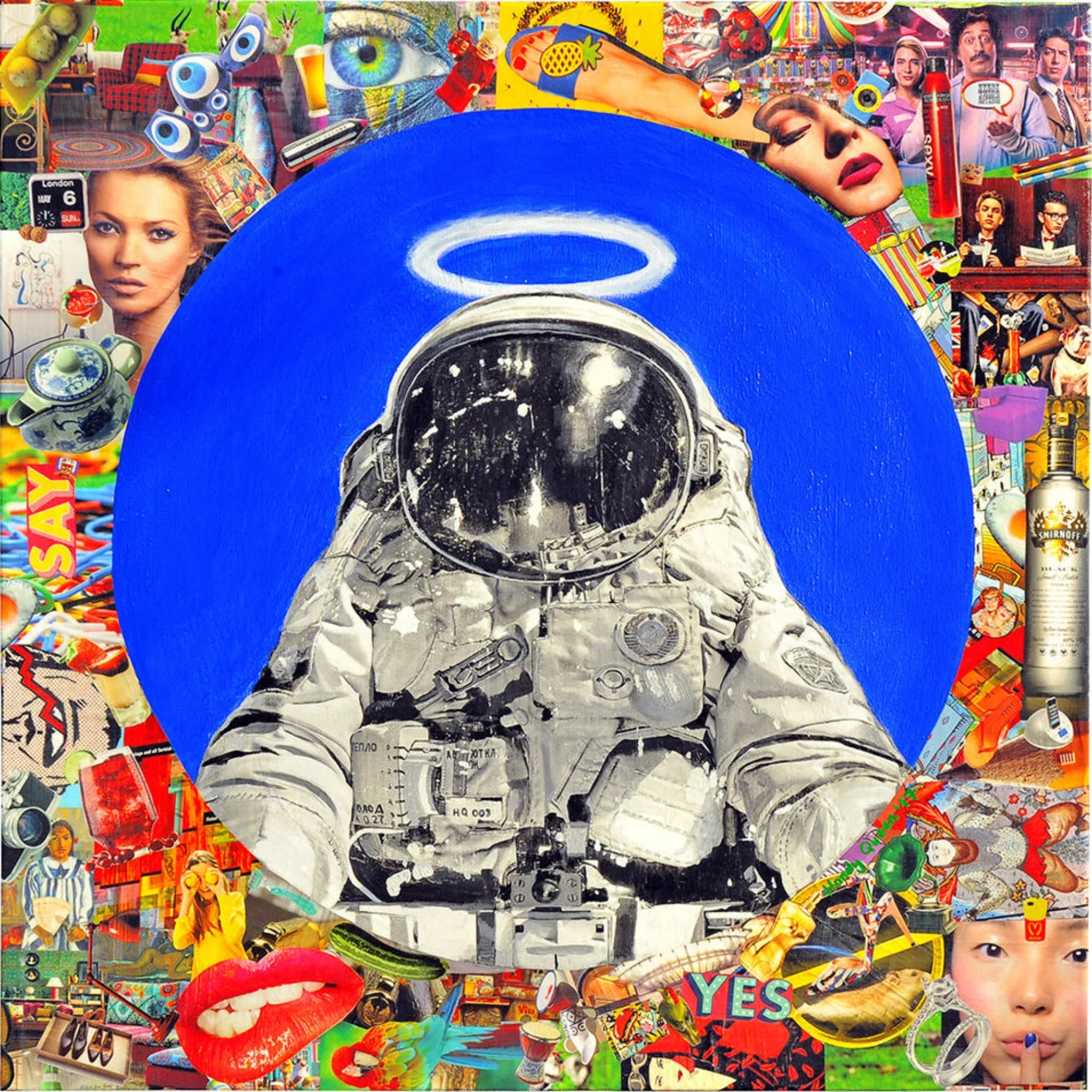 Collage with an astronaut in a blue circle surrounded by various images and objects.