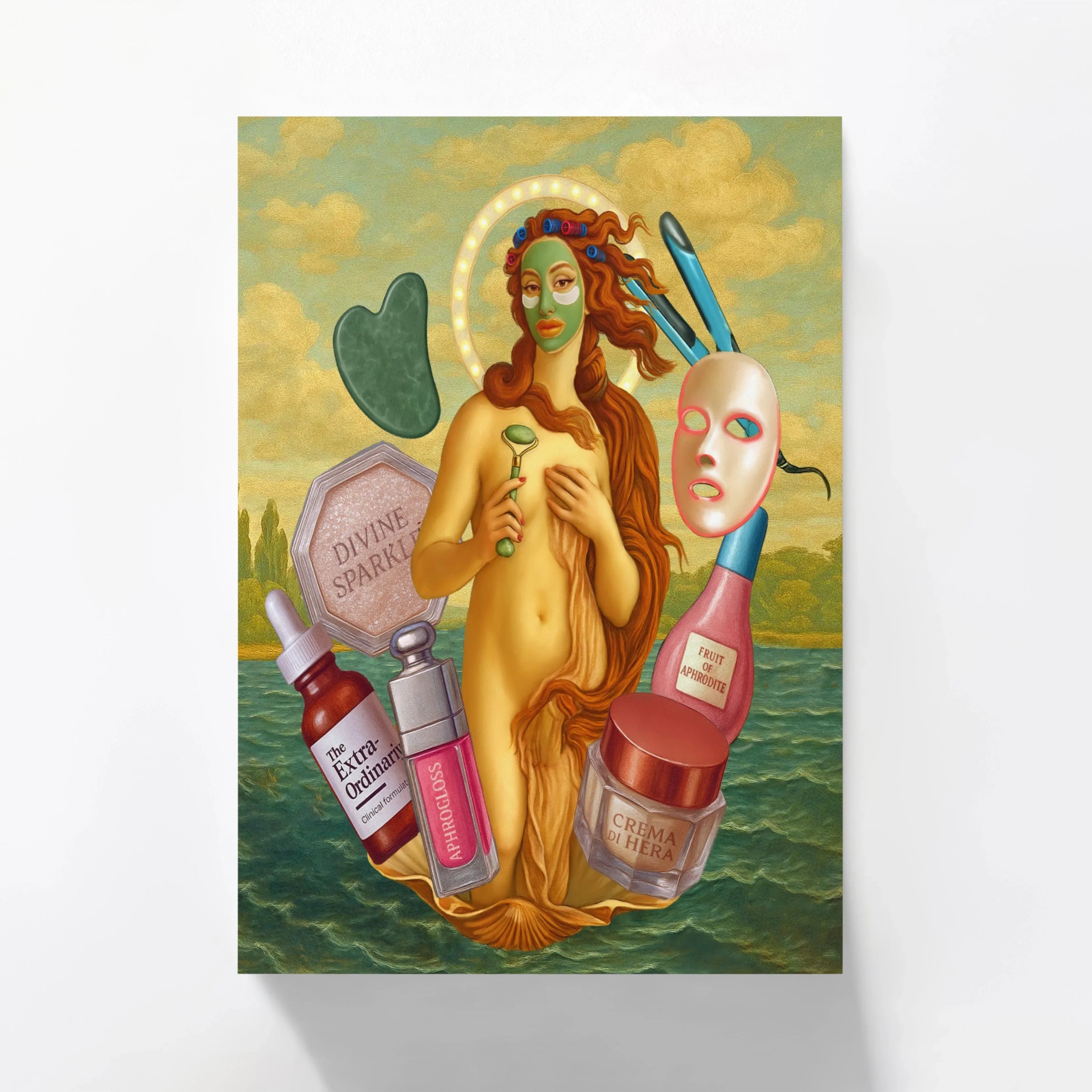 Surreal beauty collage of Venus with face mask and roller, skincare bottles, and tools on a sea background