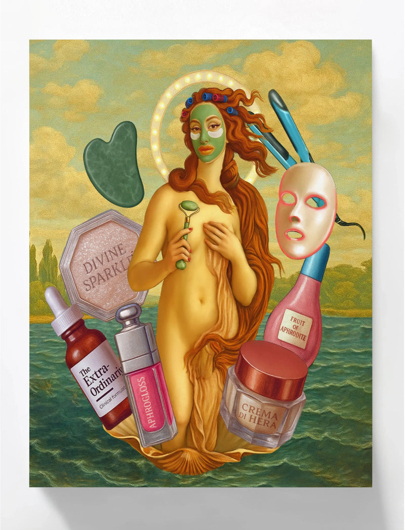 Surreal artwork of a woman with face mask and curlers surrounded by skincare products over ocean background