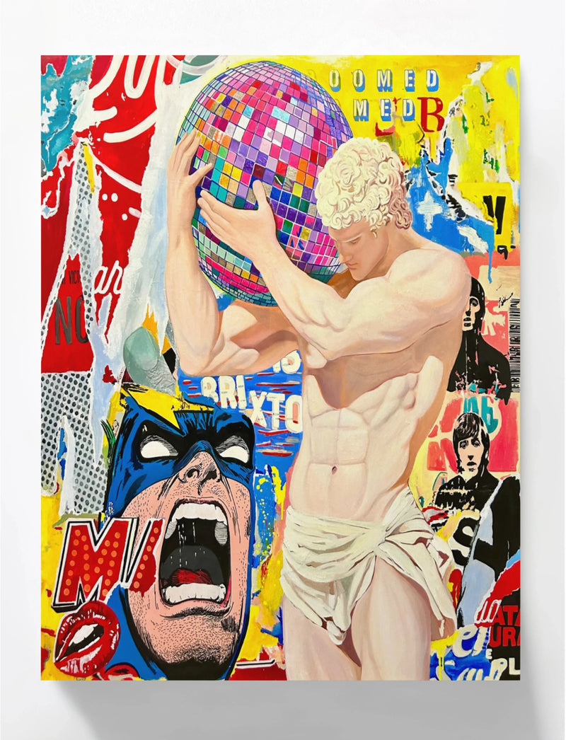 Surreal art with muscular classical statue holding colorful disco ball amid vibrant comic and graffiti collage