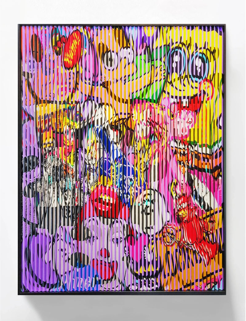 Colorful lenticular art featuring pop culture cartoon characters in a striped frame