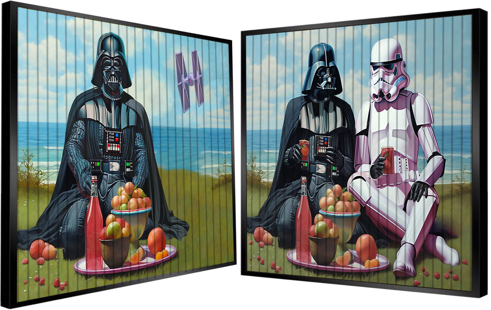 Galactic Picnic by Hande Ugur — Handecular art piece featuring Darth Vader and a Stormtrooper enjoying a colorful fruit picnic by the seaside, humorous sci-fi collectible artwork.