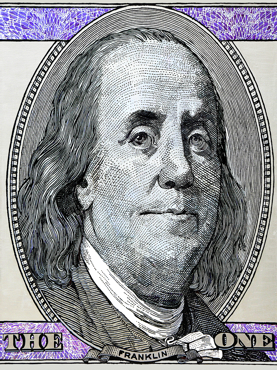 Animated close-up of Benjamin Franklin's portrait from a US $100 bill with purple decorative border