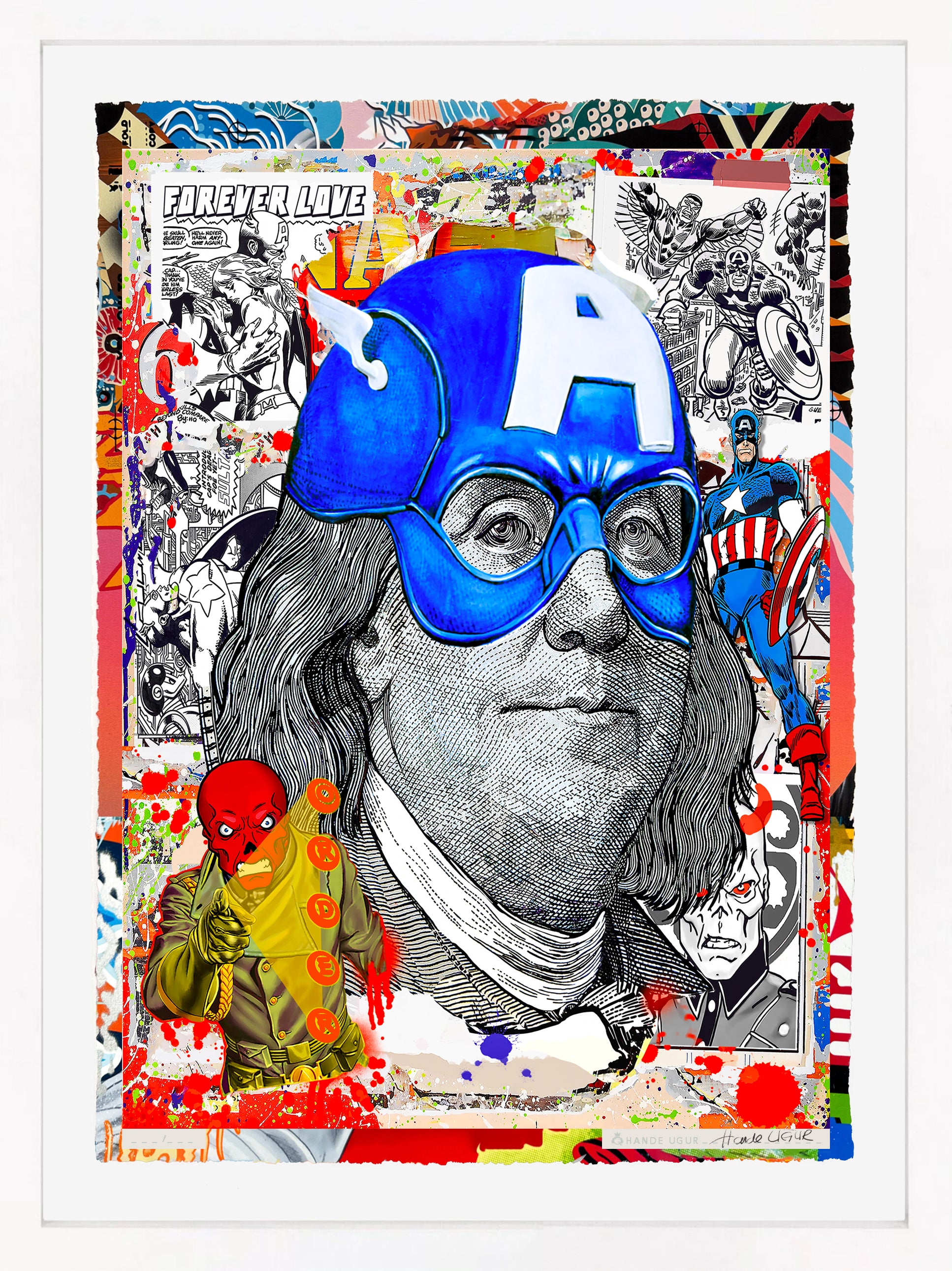 The Old Order Must Die print by Hande Ugur — a pop-surreal collage of Benjamin Franklin wearing a Captain America mask, surrounded by comic-book panels and vibrant splashes of color.