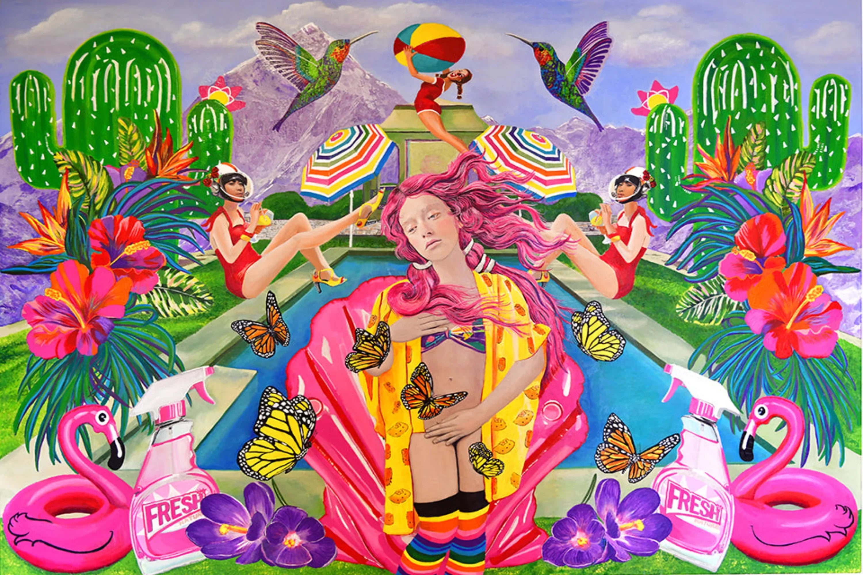a woman resembling Venus with pink hair in a pool surrounded by flamingos, butterflies, and cacti.