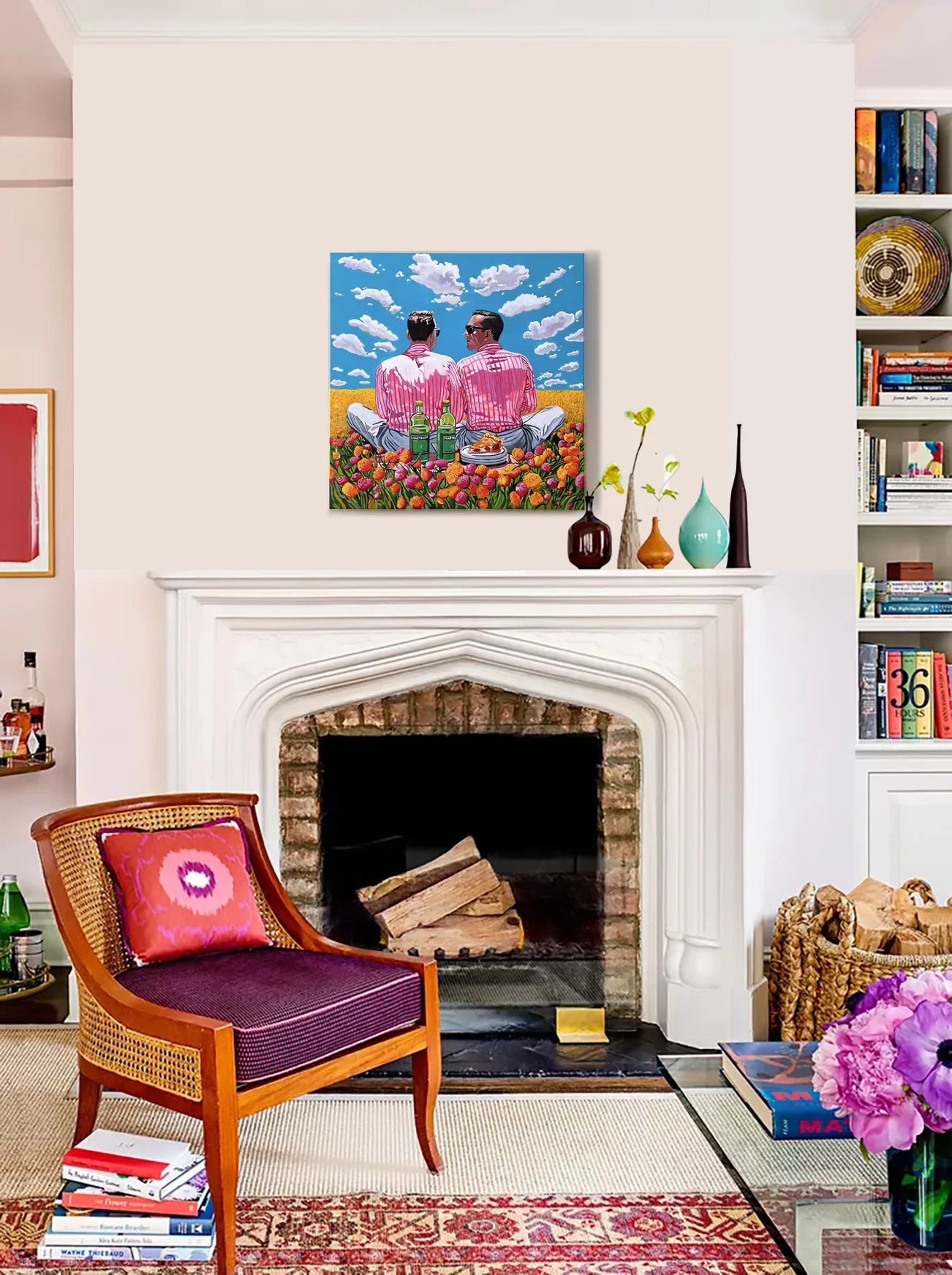 Cozy living room with white fireplace, colorful artwork, wooden chair with purple cushion, and decorative vases