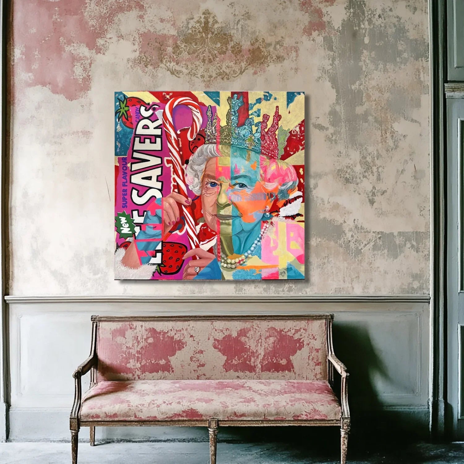 Pop art painting of Queen Elizabeth II holding a large Life Savers candy cane on a textured wall above vintage sofa