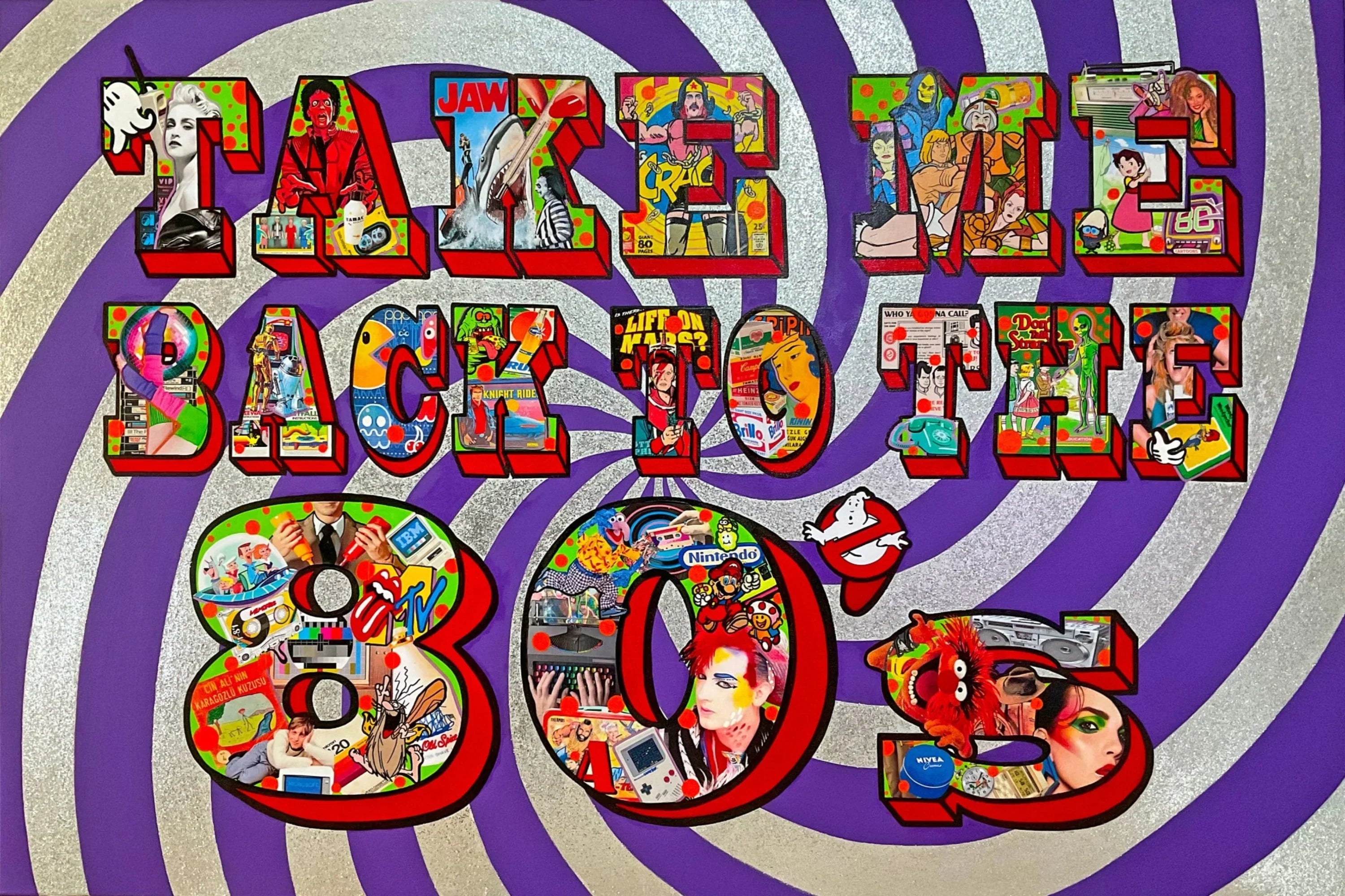Collage of vintage-style images with text 'Take Me Back to the 80s' on a purple and gray spiral background.