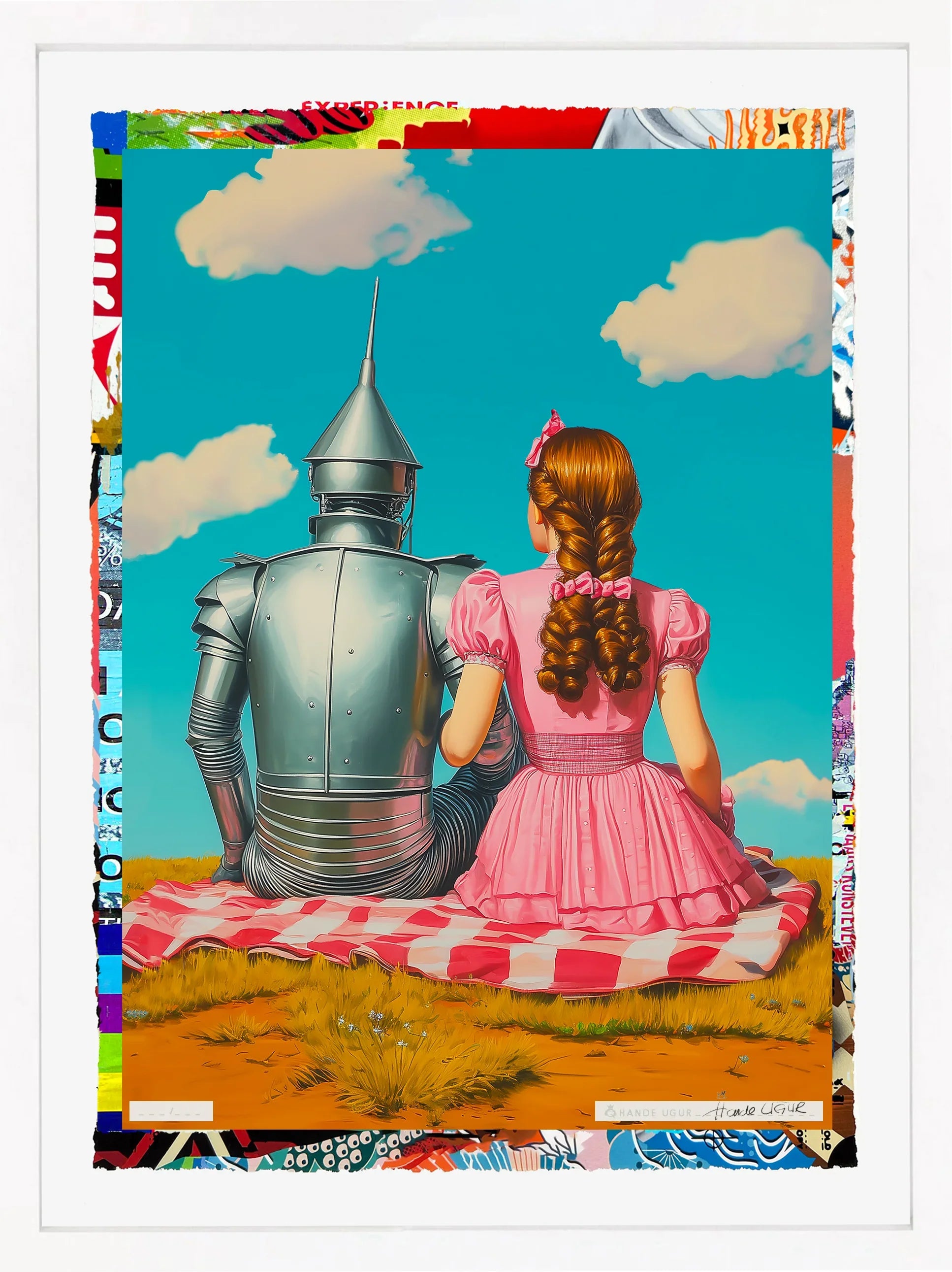 Tin Heart by Hande Ugur — limited-edition giclée print hand-embellished with acrylic paint, featuring Dorothy and the Tin Man sitting on a picnic blanket under a bright blue sky. Size 27×18 in, edition of 100, hand-signed.